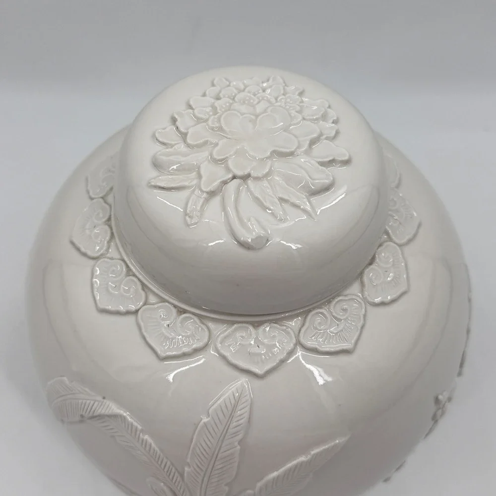 White Relief Porcelain Ginger Jar Rooster Floral Botanical Blanc de Chine